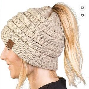 C.C High Pony Beanie Hat Like New Khaki Beige brown color